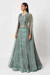 Rishi And Soujit_Blue Organza Embroidery Swarovski Cape Open Lehenga Set  _Online_at_Aza_Fashions