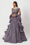 Rishi And Soujit_Purple Organza, Lycra Floral, Swarovski V Neck Embroidered Lehenga Set _Online_at_Aza_Fashions