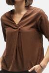 Terra Luna_Brown 100% Organic Handloom Cotton Plain V Neck Half Sleeve Top _Online_at_Aza_Fashions