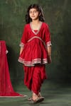 Buy_LittleCheer_Red Kurta And Patiala Salwar Viscose Satin Printed Mirror Work Embellished Set _at_Aza_Fashions