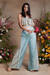 Buy_SHASHA GABA_Blue Vis Chanderi Printed Floral Tube Neck Charm Top And Flared Pant Set _at_Aza_Fashions