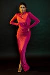 Buy_The House of Exotique_Fuchsia Silk Jersey Plain Round High Neck Draped Gown  _at_Aza_Fashions