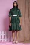 Buy_Escape By Aishwarya_Green Cotton Satin High Stand Collar Tiered Drama Dress With Belt _at_Aza_Fashions