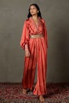 Buy_RI.Ritu Kumar_Red Viscose Printed Zardozi Shawl Collar Kylie Floral Embroidered Jumpsuit _at_Aza_Fashions