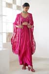 Buy_Mishru_Fuchsia Organza Embroidered Sequin Jacket Mora Cape Draped Skirt Set _at_Aza_Fashions