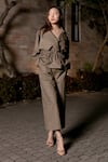 Buy_Kavya Singh Kundu_Beige Cotton Sequins Collared Plain Jacket Top With Pant _at_Aza_Fashions