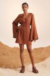 Buy_Cord_Brown Linen V Neck Bell Sleeve Dress_at_Aza_Fashions