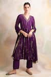 Buy_Palak & Mehak_Purple Rayon Crepe Flower V Neck Stripe Anarkali Kurta Set _at_Aza_Fashions