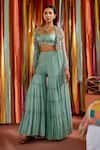 Buy Label Sanya Gulati Green Satin, Georgette Embroidery, Sequins, Pearls Floral Cape With Sharara Set at Aza Fashions Buy_Label Sanya Gulati_Green Satin, Georgette Embroidery, Sequins, Pearls Floral Cape With Sharara Set _at_Aza_Fashions