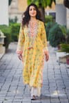 Buy_Gopi Vaid_Yellow Cotton Silk Print Floral Round Neck Radha Bloom Tunic_at_Aza_Fashions