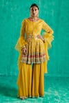 Buy_Shian_Yellow Georgette Embroidered Thread Mirror Peplum Kurta Sharara Set  _at_Aza_Fashions