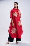 Buy_Taika by Poonam Bhagat_Red Tunic  Chanderi Embroidered Gold Petals Collared Neck And Pant Set _at_Aza_Fashions