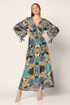 Buy_Two Sisters By Gyans_Blue Crepe Embroidery V-neck Geometric Print Wrap Up Dress _at_Aza_Fashions