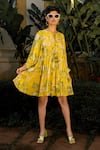 Buy_Paulmi and Harsh_Yellow Crepe Printed Floral Patterns Round Garden Of Bloom Dress _at_Aza_Fashions