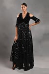 Buy_JYOTI SACHDEV IYER_Black Velvet Embroidery Bead V Neck Cold Shoulder Gown _at_Aza_Fashions