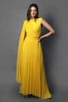 Buy_Swatee Singh_Yellow Georgette Plain Round Neck Bias Pleated Gown _at_Aza_Fashions