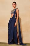 Buy_DiyaRajvvir_Blue Cotton Silk And Georgette Embroidery Pre-draped Pant Saree With Blouse _at_Aza_Fashions