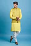 Buy_Chatenya Mittal_Yellow Linen Embroidery Gota And Thread Bundi & Kurta Set _at_Aza_Fashions