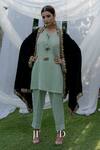 Buy_Daljit Sudan_Green Velvet Kashmiri Tilla Aari V Neck Kimono Cape And Pant Set_at_Aza_Fashions