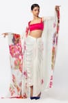 Saaksha & Kinni_Ivory Chiffon Abstract Floral Open Placement Cape _Online_at_Aza_Fashions