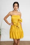 Buy_AMRTA by GUNEET KONDAL_Yellow Shell Cotton Silk Blend Straight Sash Bow Tie Detailed Dress _at_Aza_Fashions