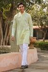 Buy_Raw & Rustic By Niti Bothra_Green Linen, Cotton Embroidery Lucknowi Kurta _at_Aza_Fashions