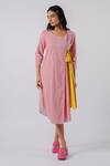 Buy_Tussah By Siddhi Shah_Pink Cotton Bows Round Neck Contrast Detail Dress _at_Aza_Fashions