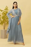 Buy_Samyukta Singhania_Blue Chinnon Embroidered Cutdana Round Embellished Asymmetric Sleeves Gown _at_Aza_Fashions