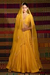 Buy_Deep Thee_Yellow Chanderi Manjal Hand V Neck Haldi Lehenga Set _at_Aza_Fashions