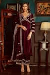 Buy_Priyanka Jain_Wine Velvet Lining Shantoon Embroidery Aari Work And Sequin V Neck Kurta Set _at_Aza_Fashions