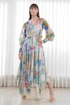 Buy_Mandira Wirk_Multi Color Organza, Satin Sequins V-neck Hibiscus Print High Low Dress _at_Aza_Fashions