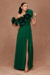 Buy_SHRIYA SOM_Green Silk Ruffle Flower Asymmetric Neck Chiffon Neckline Gown  _at_Aza_Fashions