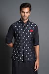Buy Raghavendra Rathore Jodhpur Black Chanderi Silk Embroidery Woven And Kantha Work Waistcoat at Aza Fashions Buy_Raghavendra Rathore Jodhpur_Black Chanderi Silk Embroidery Woven And Kantha Work Waistcoat _at_Aza_Fashions