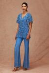 Buy_Shriya Som_Blue Silk, Chiffon Sequins V-neck Floral Embroidered Tunic And Pant Set _at_Aza_Fashions