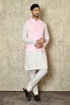 Buy_Aryavir Malhotra_Pink Silk Blend Embroidered Chikankari Floral Work Bundi And White Kurta Set _at_Aza_Fashions