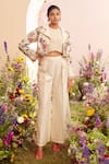 Buy_Chandrima_Ivory Kota Doria Embroidery Collared Floral Bolero Jacket _at_Aza_Fashions