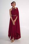 Merge Design_Maroon Georgette, Crepe Embroidery, Stones Halter Neck Draped Dress _Online_at_Aza_Fashions