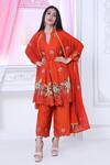 Buy_Sunita Nagi_Orange Dupion Embroidered Leather Notched Round Applique Anarkali Palazzo Set _at_Aza_Fashions