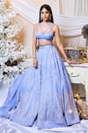 Buy_Varun Chakkilam_Blue Silk Organza Sequins, Beads V-neck Chevron Pattern Lehenga Set _at_Aza_Fashions