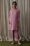 Buy_Kanika Sharma_Pink Kurta Crinkled Cotton Embroidered Pearl Mandarin Collar And Pant Set _at_Aza_Fashions