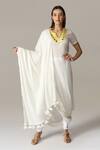 Buy_ANEEHKA_White 100% Crinkle Cotton Hand Yoke Draped Kurta And Churidar Set _at_Aza_Fashions