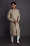 Buy_GRAM OF INK_Beige Matka Silk Embroidery Thread Floral Sherwani Set  _at_Aza_Fashions