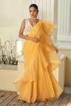 Buy_Sanjana Reddy Designs_Yellow Georgette Embroidery Floral Ruffle Pre-draped Saree With Blouse  _at_Aza_Fashions