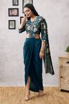 Buy_Soup by Sougat Paul_Green Crepe Printed Floral V Neck Mehr Pre-draped Saree With Blouse _at_Aza_Fashions