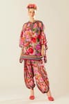 Buy_Rajdeep Ranawat_Coral Silk Mandarin Collar Ramona Floret Pattern Poncho Top  _at_Aza_Fashions