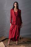 Buy_AK-OK_Red Silk Embroidery, Sequins Collared Draped Blazer And Skirt Set _at_Aza_Fashions