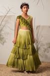 Buy_Merge Design_Green Chiffon, Crepe Ruffles, Embroidery Multi Layered Ombre Lehenga Set _at_Aza_Fashions