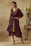 Buy_Shilpi Gupta_Brown Armani Satin Printed Geometric V Neck Dress With Belt  _at_Aza_Fashions
