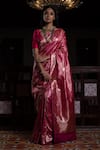 Buy_Kasturi Kundal_Fuchsia Pure Silk Geometric Motifs Jhilmil Sitara Banarasi Saree  _at_Aza_Fashions