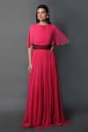 Buy_Swatee Singh_Fuchsia Georgette Solid Bateau Neck Slit Gown _at_Aza_Fashions